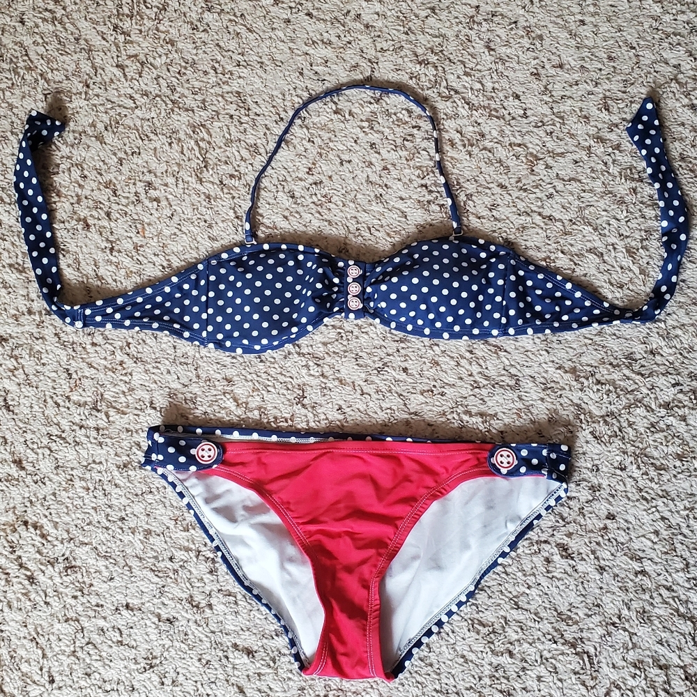 Xhiliration Red White & Blue Polka Dot Bikini